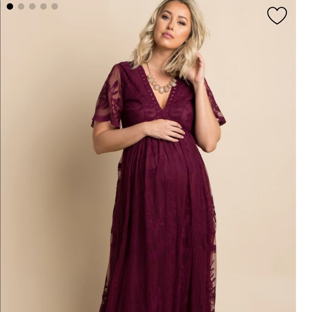 PinkBlush Deep Burgundy Lace Mesh Overlay Maternity Maxi Dress
